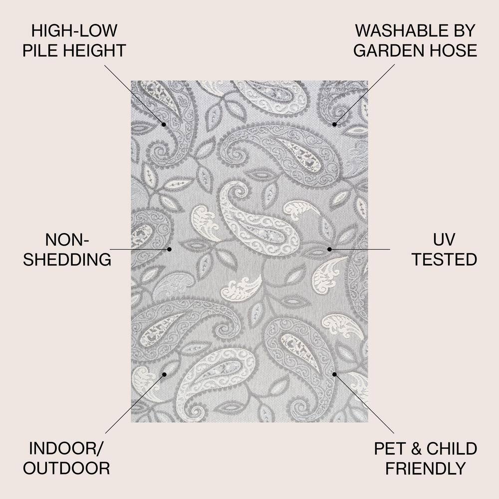 Light Gray and Ivory Paisley Indoor/Outdoor Area Rug 5' x 7'