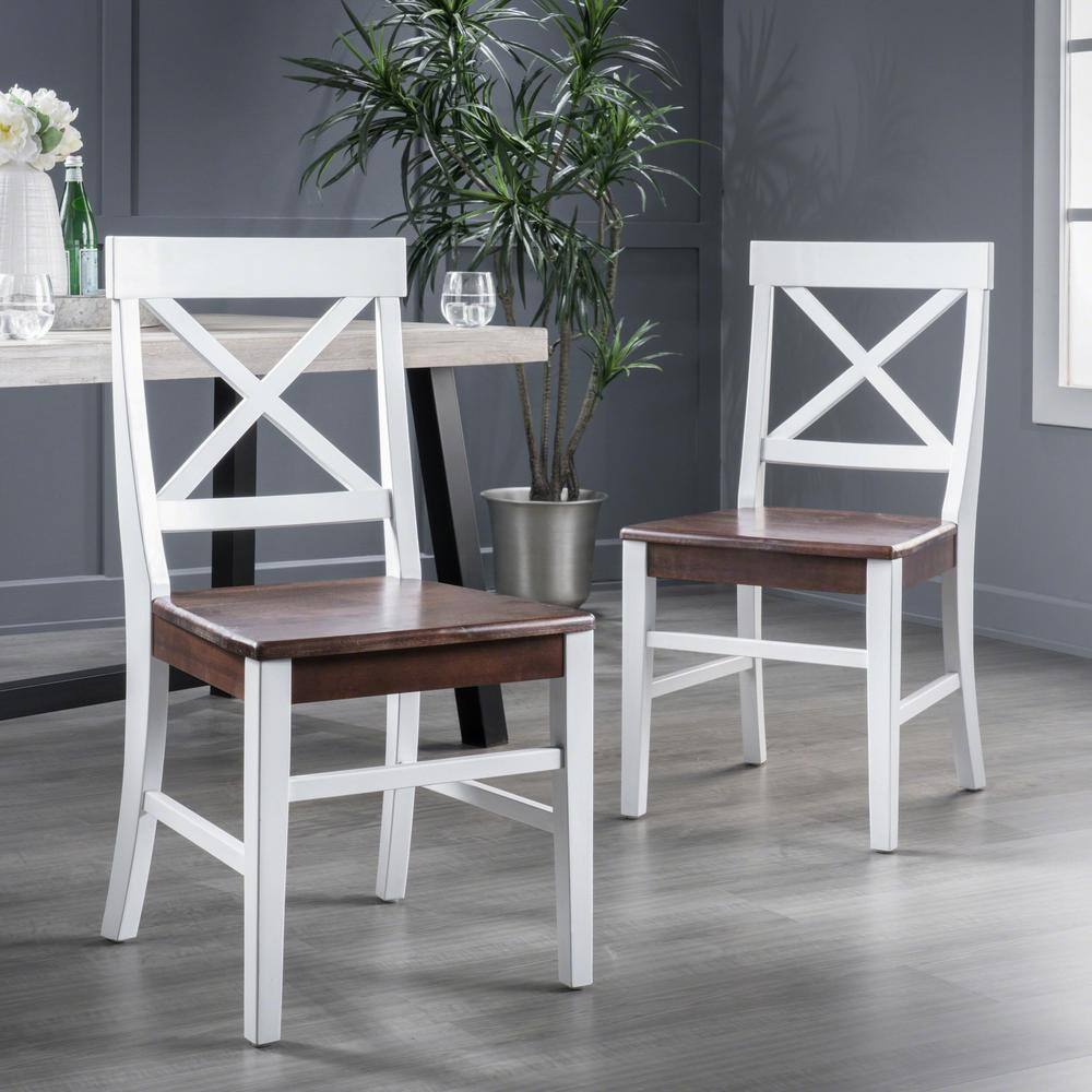 White and Walnut Cross Back Farmhouse Dining Chairs