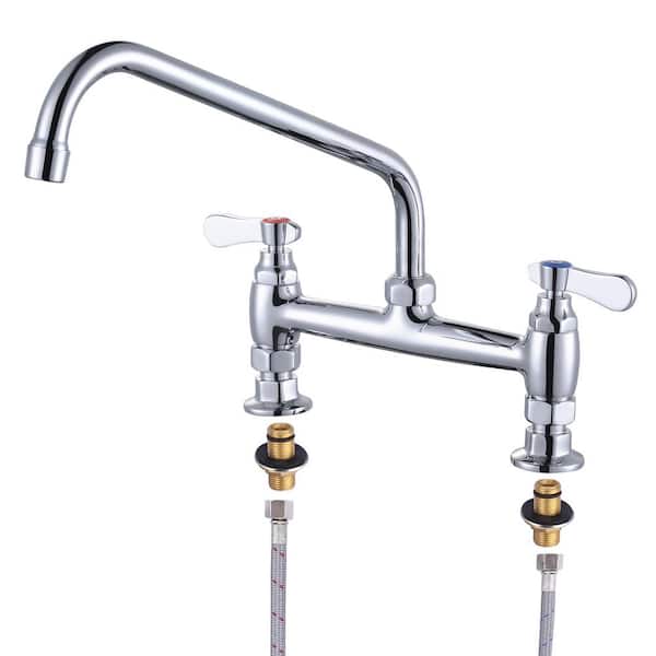 IVIGA Double Handle Deck Mounted Commercial Standard Kitchen Faucet with 12 in. Swivel Spout & Supply Lines in Chrome