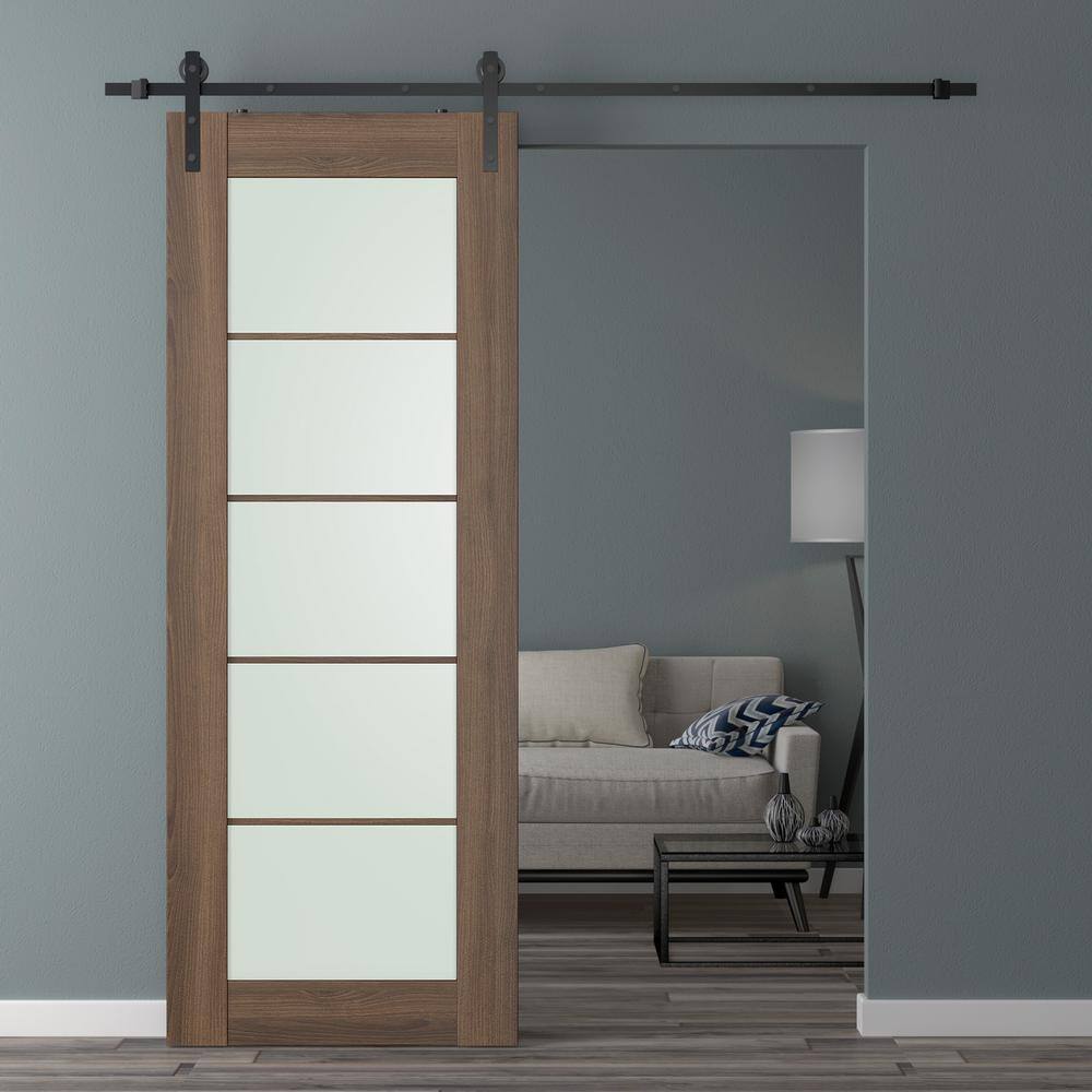 Ash 36" Frosted Glass and Composite Wood Sliding Barn Door Kit