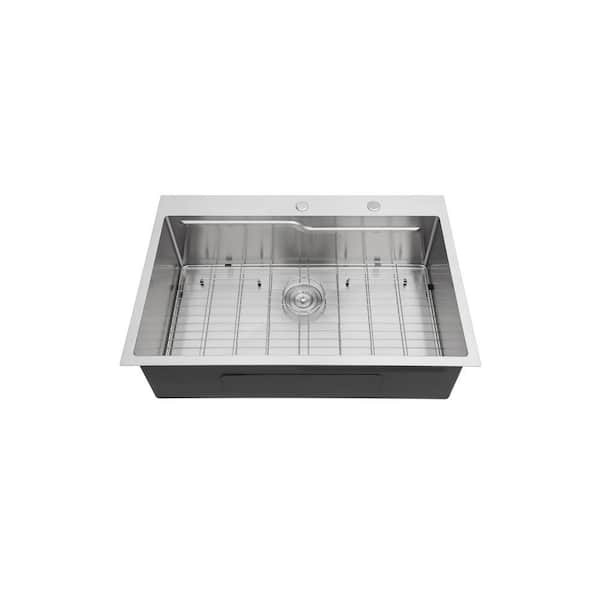 33 in. Drop-In Single Bowl 16-Gauge Brushed Nickel Stainless Steel Kitchen Sink with Strainer Basket and Bottom Girds