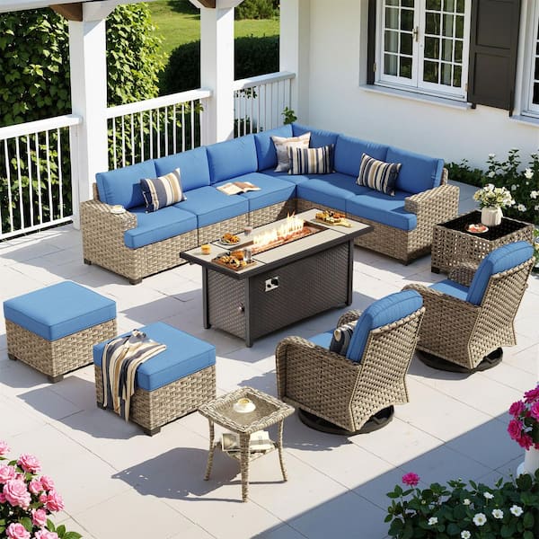 XIZZI Lumisole 13 Pieces Wicker Rectangular Fire Pit Sets and Swivel Rocking Chairs with Diamond Blue Cushion