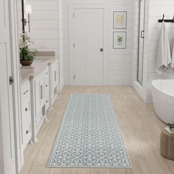 Washable Charm Blue Ivory 2 ft. x 10 ft. All-over design Contemporary Runner Area Rug