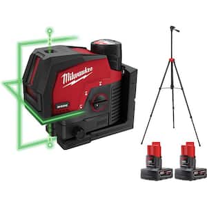 M12 12-Volt Lithium-Ion Cordless Green 125 ft. Cross Line and Plumb Points Laser Level Kit with 3 Batteries and Tripod