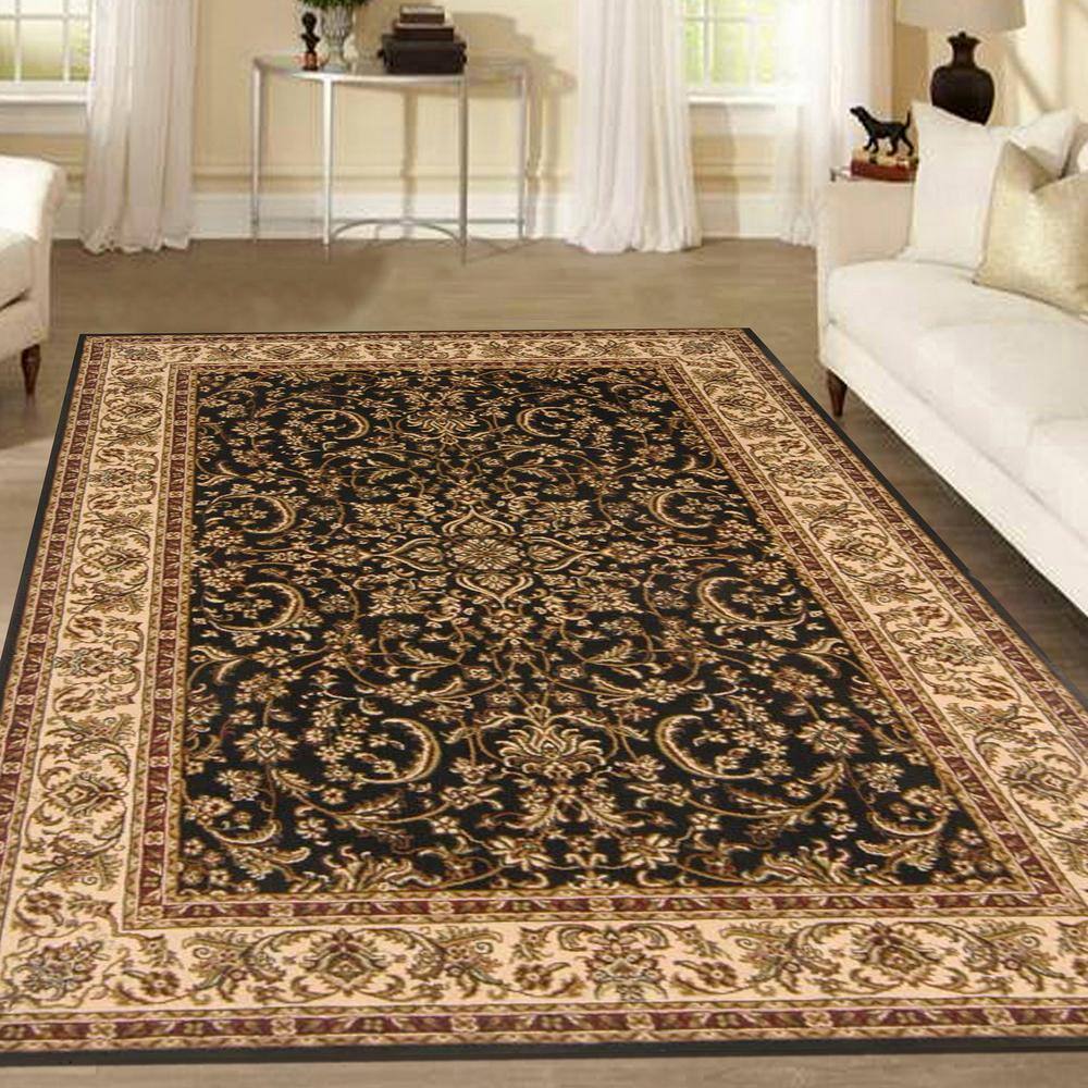 Black and Beige Synthetic Traditional Rectangular Area Rug