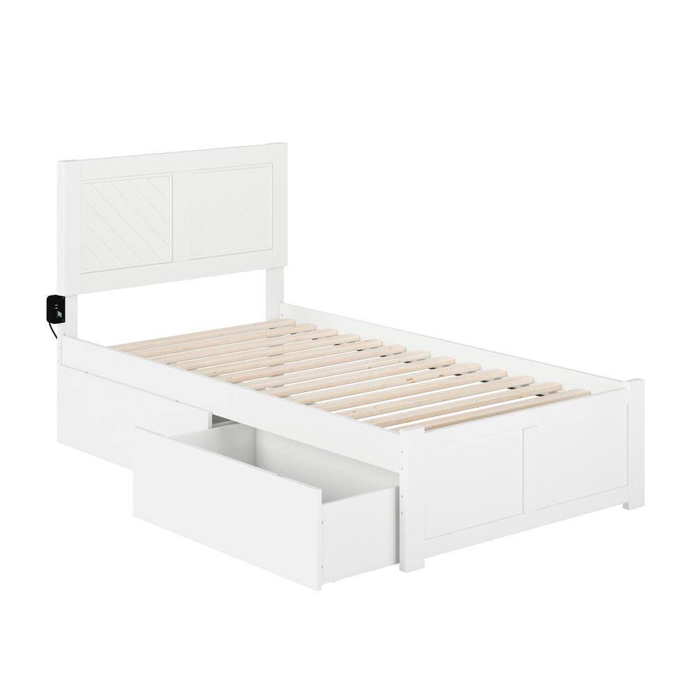 White Twin XL Wood Platform Bed with Chevron Headboard and Storage Drawers