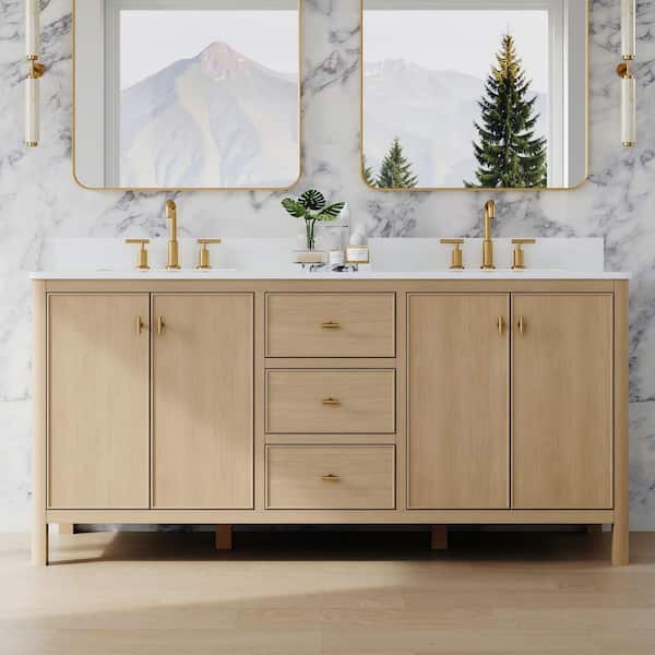 LORIN 72 in W Double Sink Freestanding Solid Wood Oak Bath Vanity with White Quartz Top, Backsplash, Assembled Cabinet