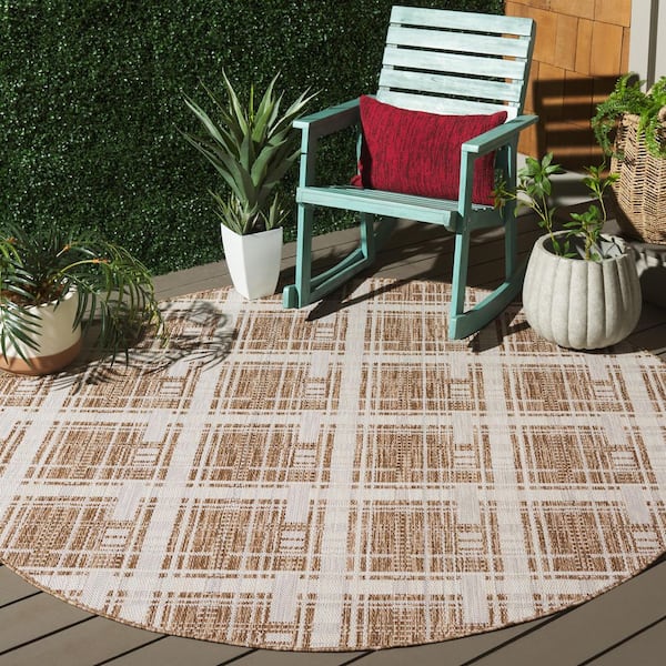 Beach House Brown/Ivory 7 ft. x 7 ft. Geometric Abstract Indoor/Outdoor Round Area Rug