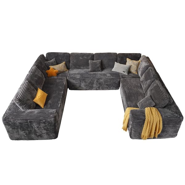 VE 135 in. Wide Arm 5-Piece Modern Plush Corduroy Deep Seat U-Shape Modular Sectional Sofa in. Gray