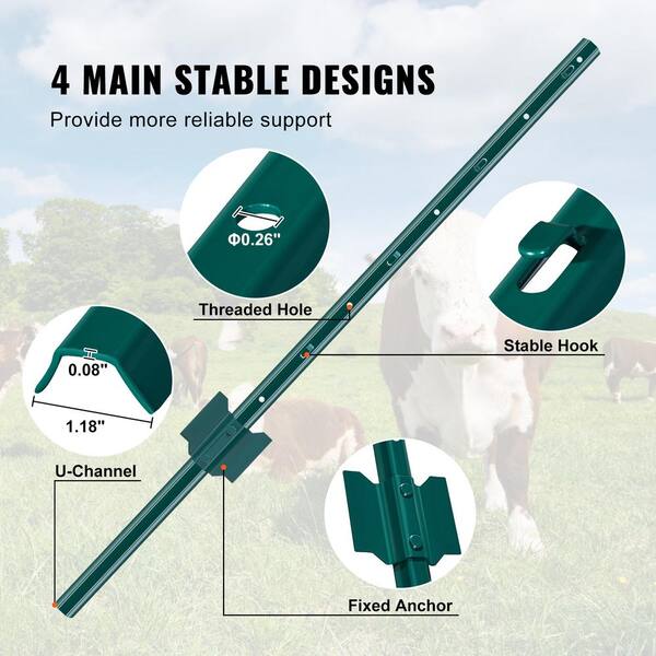 VEVOR 3 ft. Fence Post, T-Post Heavy-Duty Metal Fence Posts, Sturdy Steel Fence Stakes for Garden Yard, Lawn, Green (10-Pack)