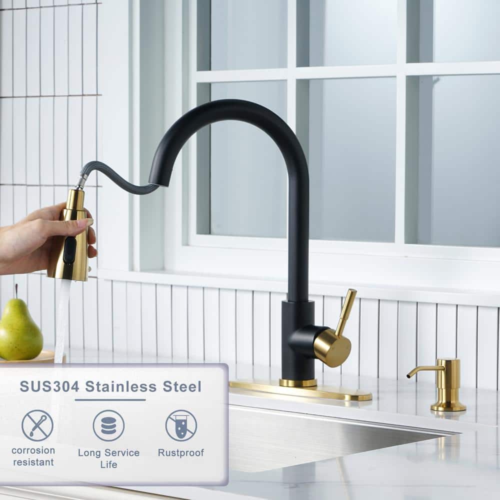 Matte Black and Gold Stainless Steel Pull Down Kitchen Faucet