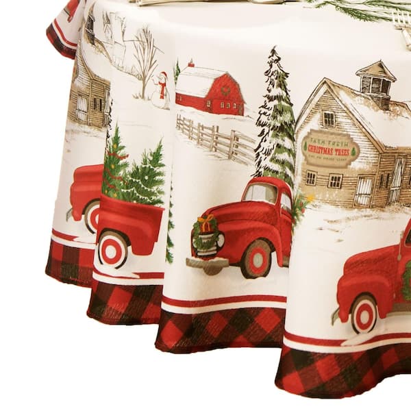 Threadmade Home Vintage Christmas Tree Farm Holiday Round Tablecloth, Multicolor - 70"W x 70"L Round
