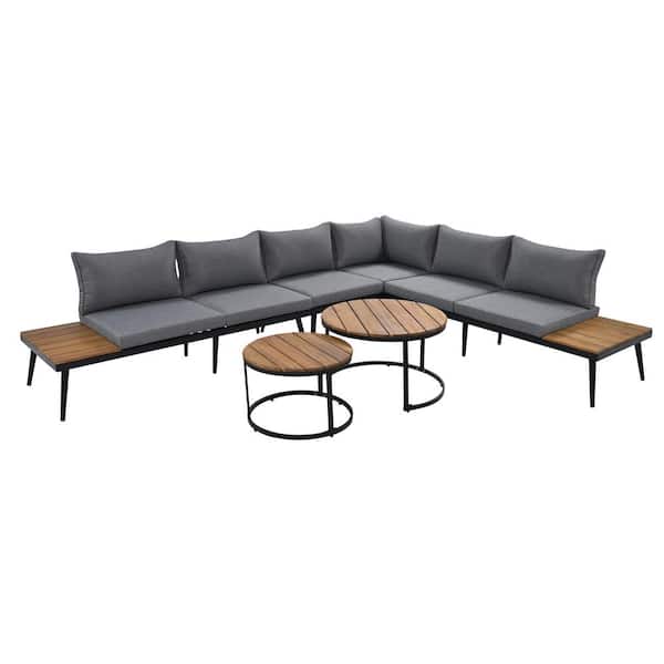 matrix decor 6-piece Grey Metal Outdoor Sectional Sofa Set with Round Nesting Coffee Tables and Seating Sofa with Grey Cushions