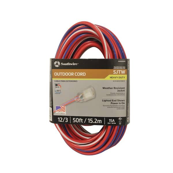 Southwire 50 ft. 12/3 SJTW USA Outdoor Heavy-Duty Extension Cord with Power Light Plug
