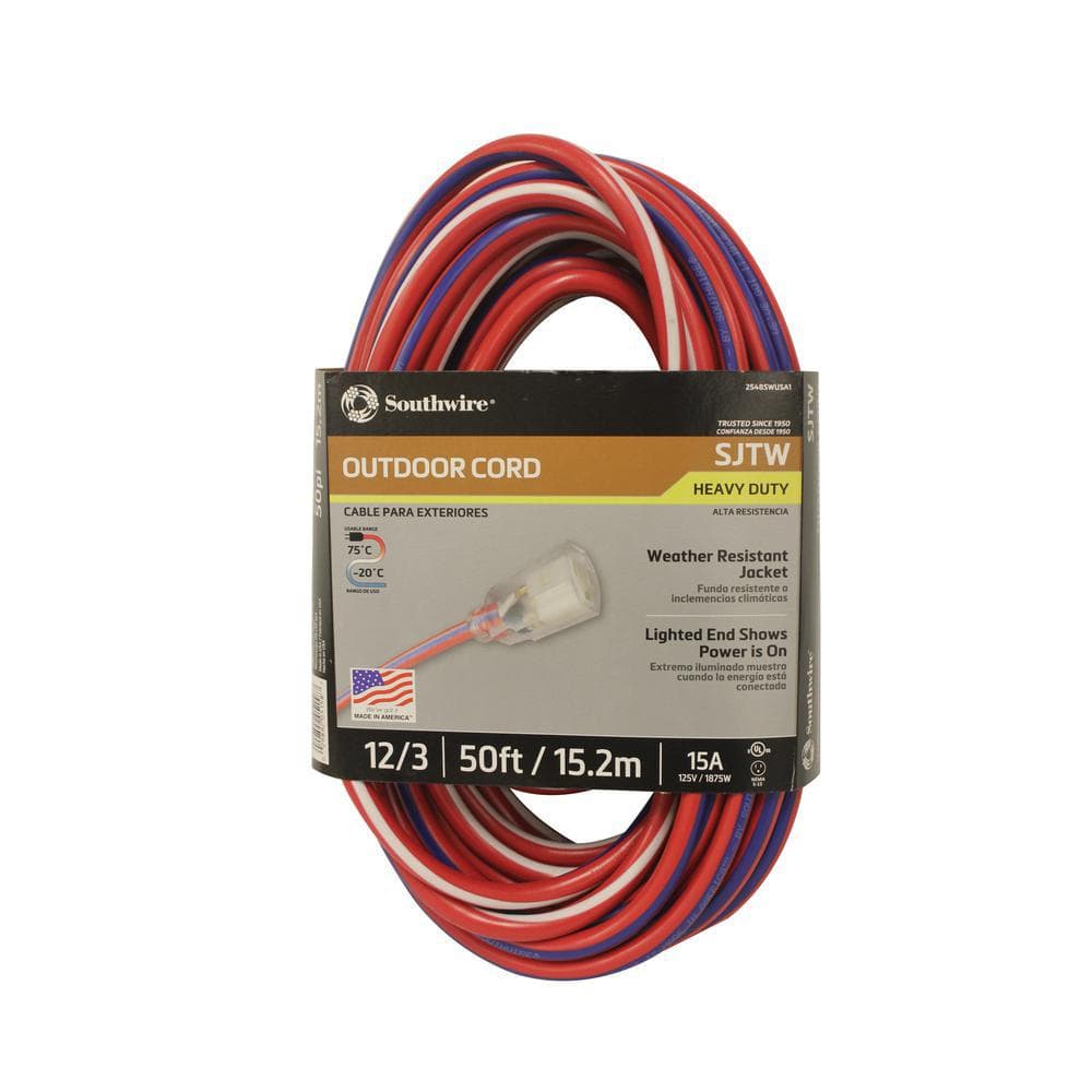 SOUTHWIRE 50 ft. 12/3 SJTW USA Outdoor Heavy-Duty Extension Cord with Power Light Plug (2548SWUSA1)