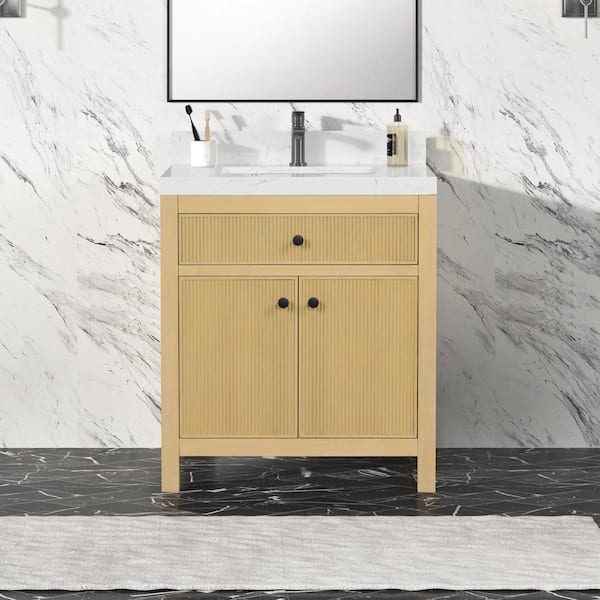 Tissa 30 in. W x 22 in. D x 35 in. H Single Sink Freestanding Bath Vanity in Classic Oak with White Quartz Top