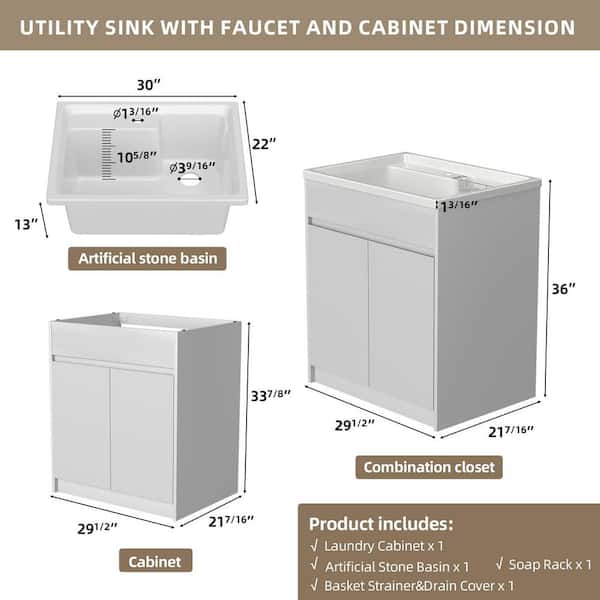 30 in. W x 22 in. D Freestanding Solid Surface Drop-In Laundry/Utility Sink in White with White Cabinet Unassembled