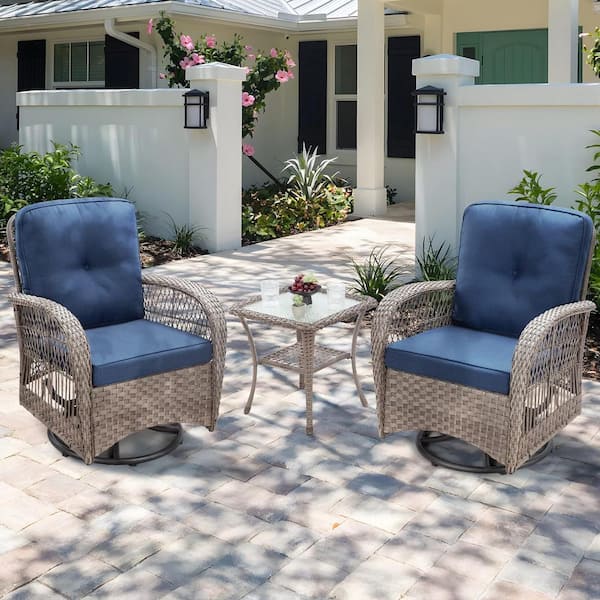 Tenleaf 3-Piece Brown Wicker Outdoor Rocking Chair Set with Blue Cushions Patio Conversation Set