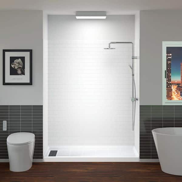 WOODBRIDGE 60 in. L x 32 in. W x 75 in. H 4-Pieces Alcove Shower Kit with Glue Up Shower Wall and Shower Pan in White and White/MB
