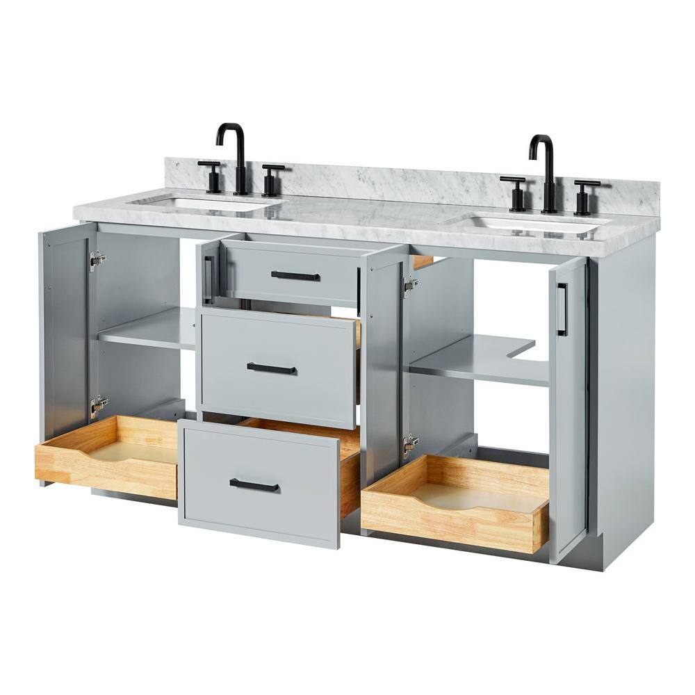 Gray Wood Double Sink Freestanding Vanity with Carrara Marble Top
