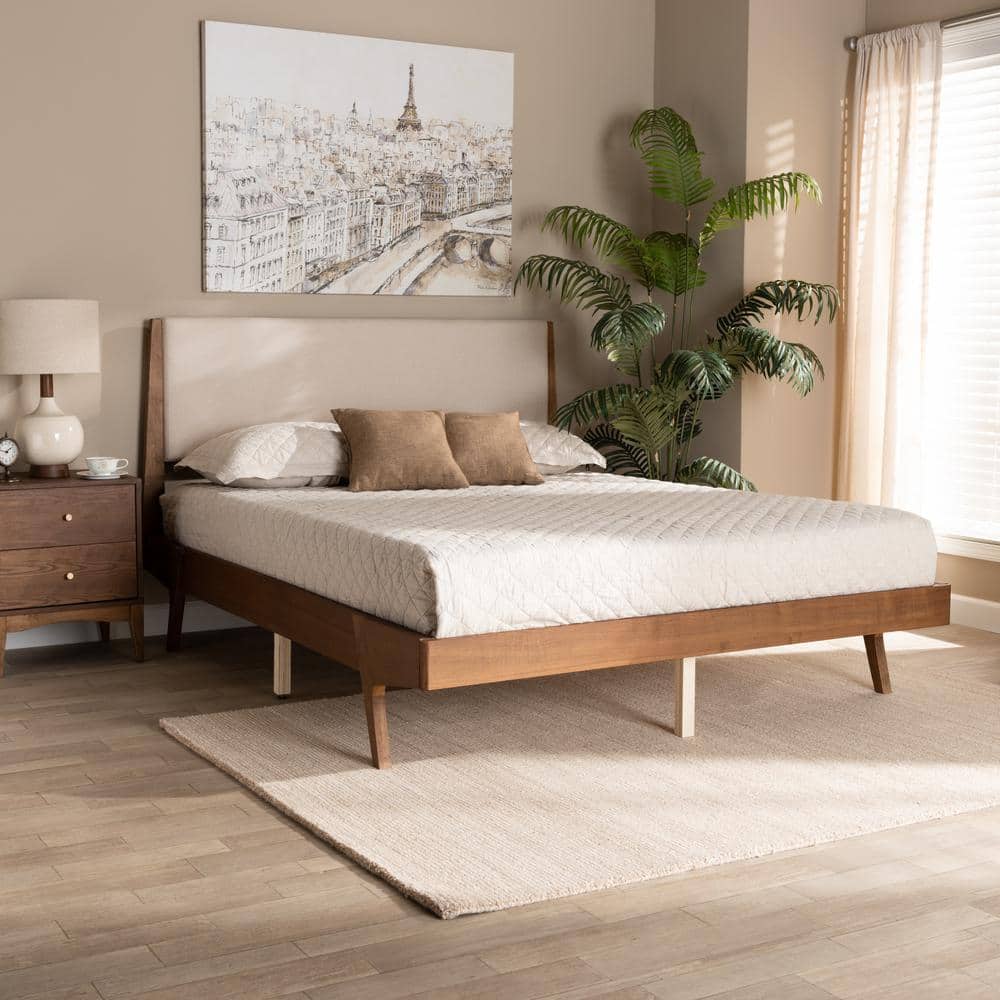 Beige Upholstered Queen Bed with Walnut Wood Frame