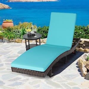 Foldable Wicker Patio Chaise Lounge Chair with 5 Back Positions Turquoise Cushion