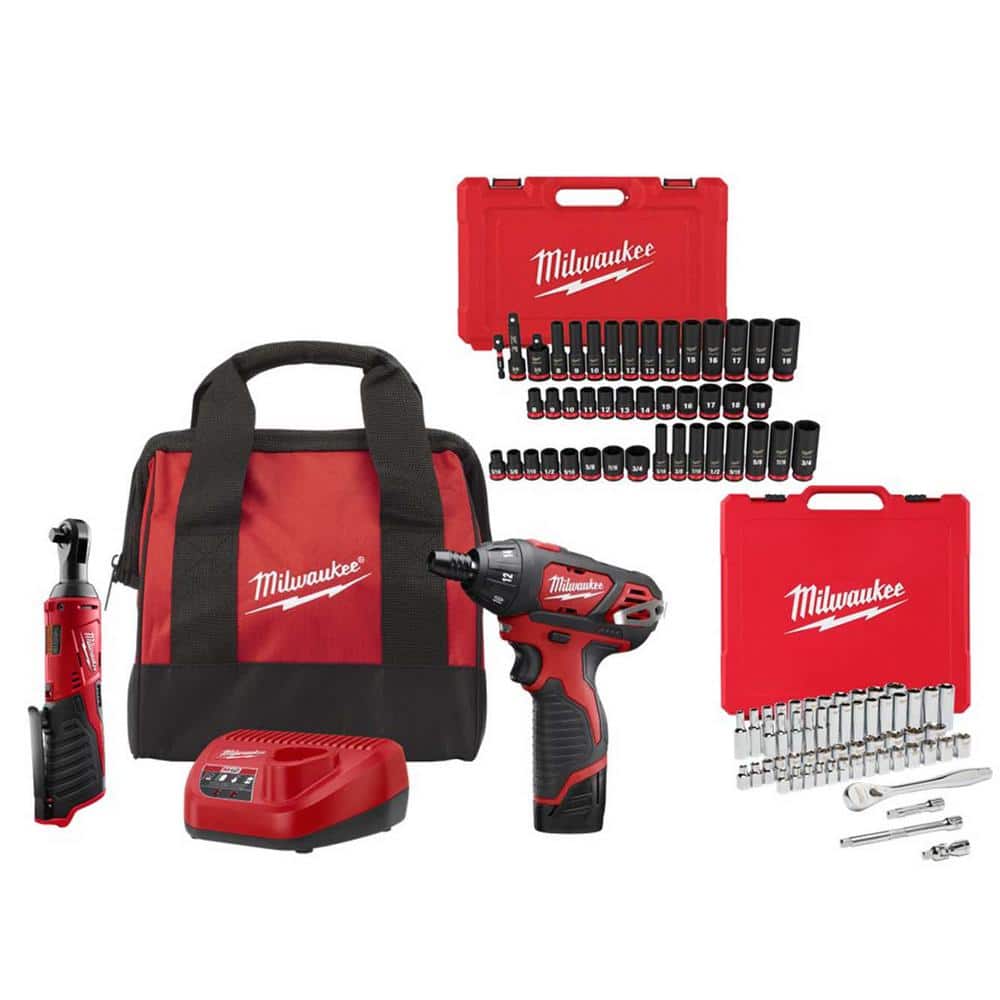 Milwaukee M12 12V Lithium-Ion 2-Tool Cordless 3/8 in. Ratchet & Screwdriver Combo Kit w/3/8 in. Drive Mechanics & Impact Sockets -  2401-21R-4