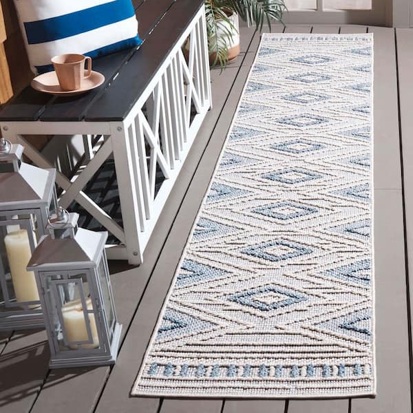 Santorini Blue/Ivory 2 ft. x 10 ft. Geometric Diamond Indoor/Outdoor Runner Rug