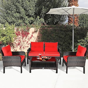 4-Piece Wicker Patio Conversation Set Rattan Loveseat Sofa Coffee Table and Glass Top with Red Cushions