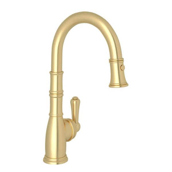 PERRIN & ROWE Georgian Era Single Handle Pull Down Sprayer Kitchen Faucet with Secure Docking, Gooseneck in Satin English Gold