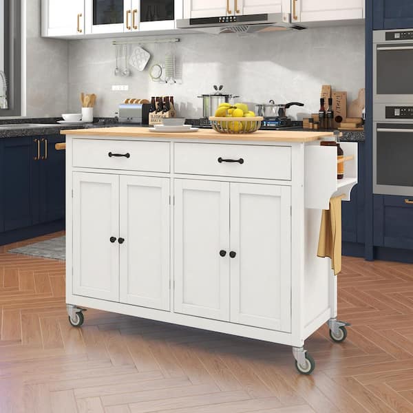 Zeus & Ruta White Solid Wood Top 54.3 in. Kitchen Island Cart with 4-Door Cabinet Two Drawers 2-Locking Wheels Adjustable Shelves