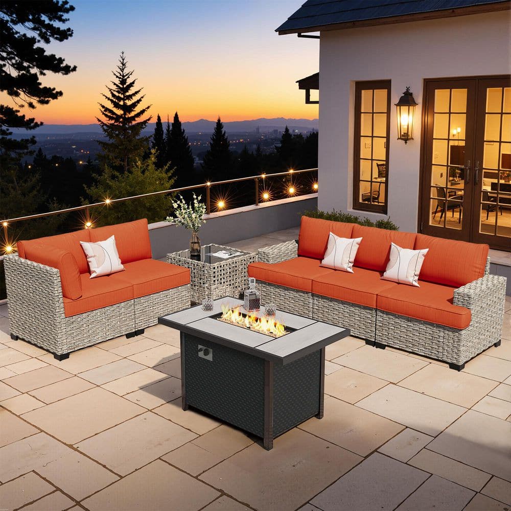 Echelon 7-Pieces Wicker Outerdoor Patio Rectangular Fire Pit Set with Orange Red Cushions price history on PriceWatchPro