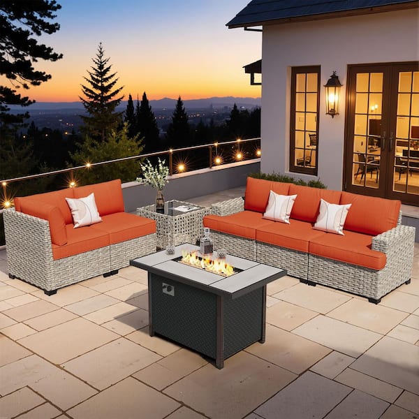 XIZZI Echelon 7-Pieces Wicker Outerdoor Patio Rectangular Fire Pit Set with Orange Red Cushions