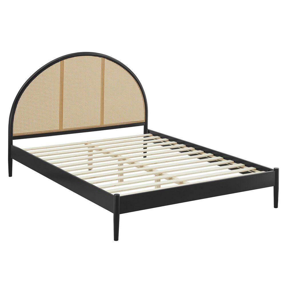 Black Queen Wood Frame Platform Bed with Arched Rattan Cane Headboard
