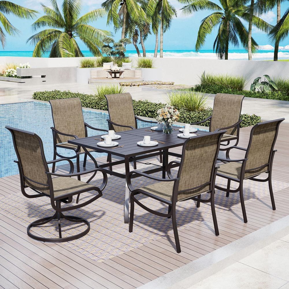 Black 7-Piece Metal Rectangle Patio Outdoor Dining Set with Slat Table and Textilene Chairs price history on PriceWatchPro