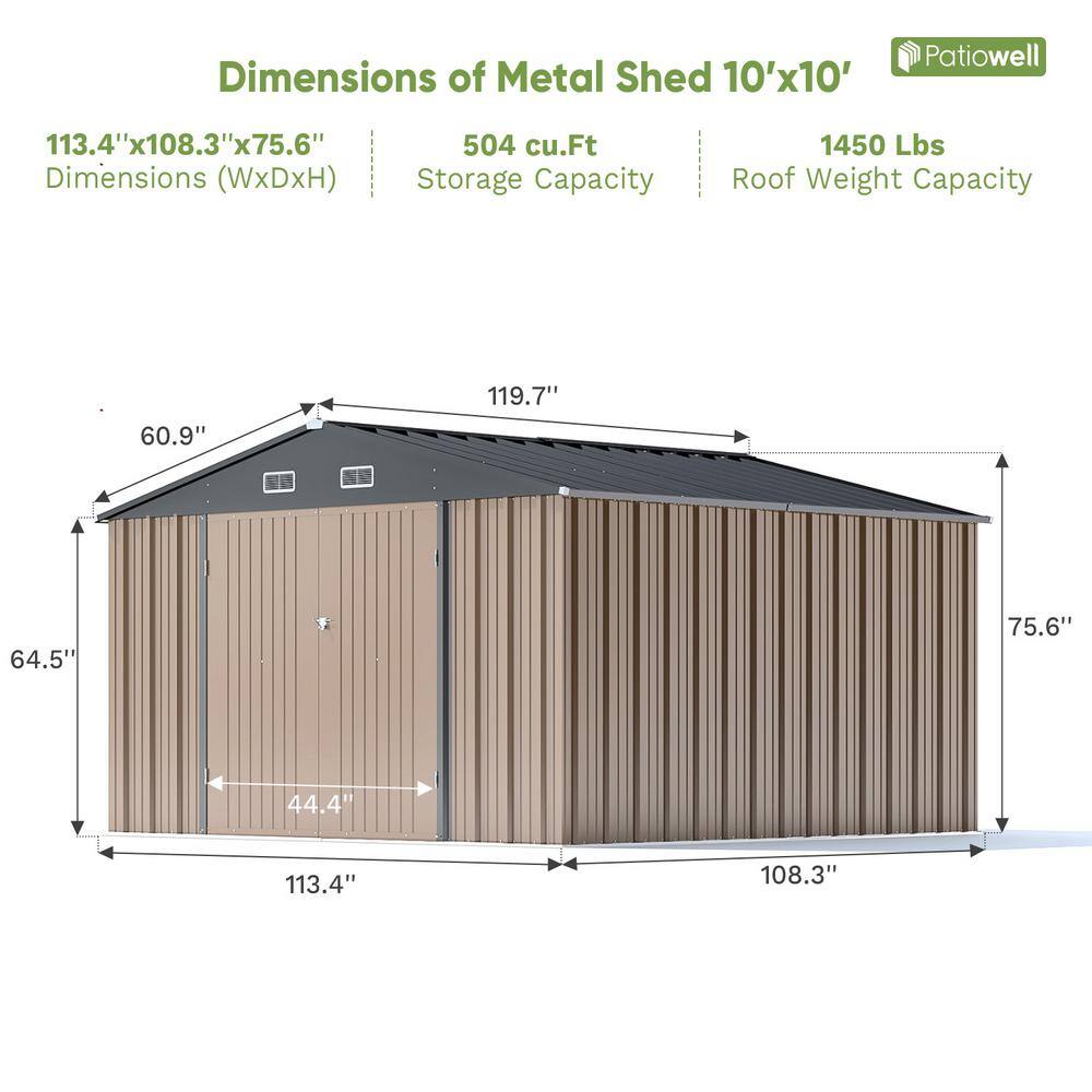 10' x 10' Brown Metal Storage Shed with Black Peak Roof