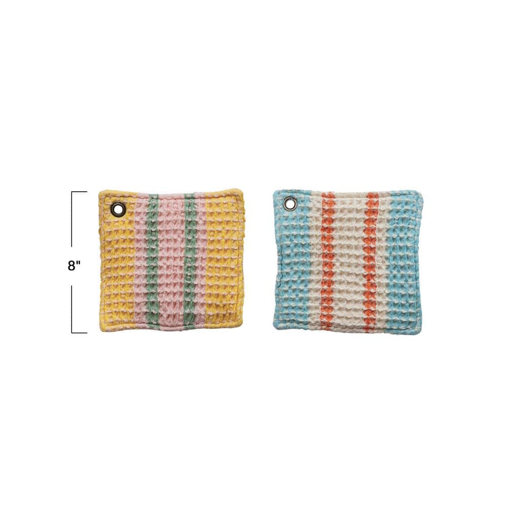 Multicolor Cotton Waffle Weave Pot Holder Set with Leather Loop
