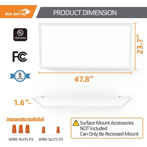 RUN BISON 2-PACK 4 ft. x 2 ft. Dimmable White CCT And Wattage Selectable Integrated LED Back-Lit Panel Light,3300-4400-5500Lumens