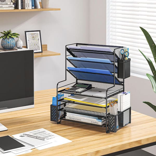 Black 16.75 in. x 11.22 in. x 16.75 in. Metal Mesh 7-Tier Desk File Organizer with Pen Holder and Hanging Basket