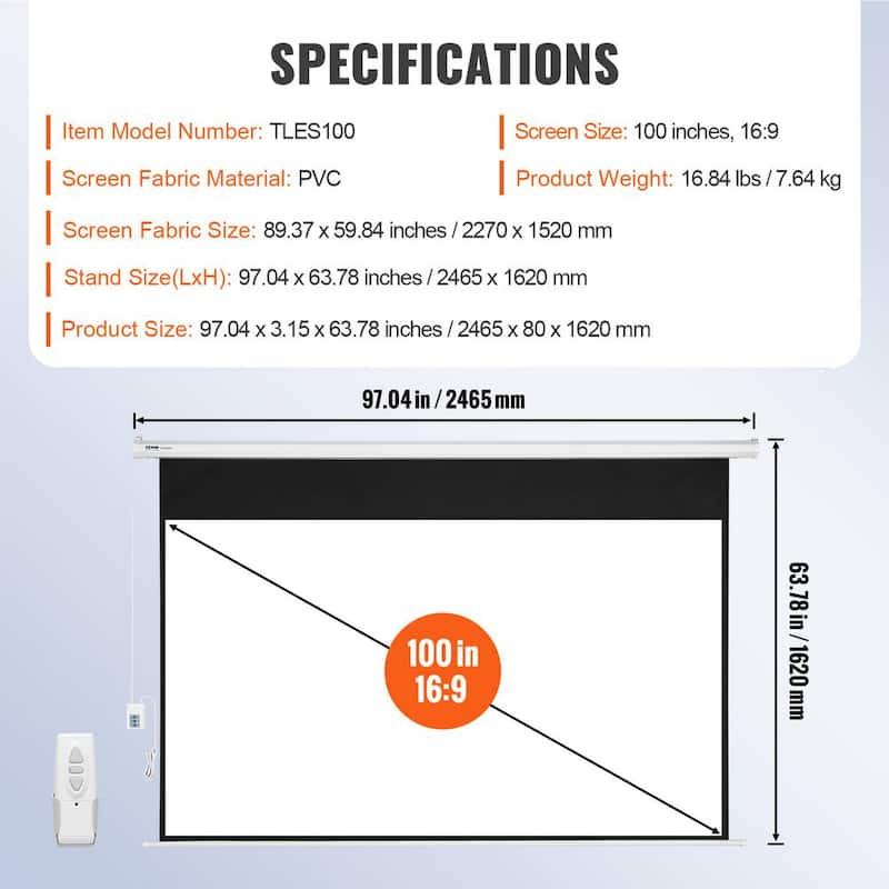 Projector Screen 100 in.  Electric Projector Screen Automatic Motorized Projection Screen with Remote Control