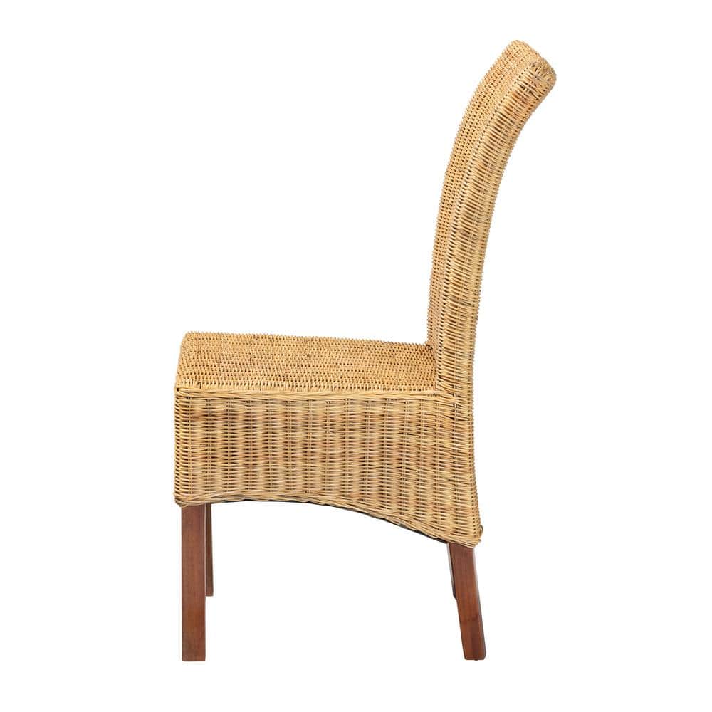 High Back Brown Rattan and Mahogany Dining Chair