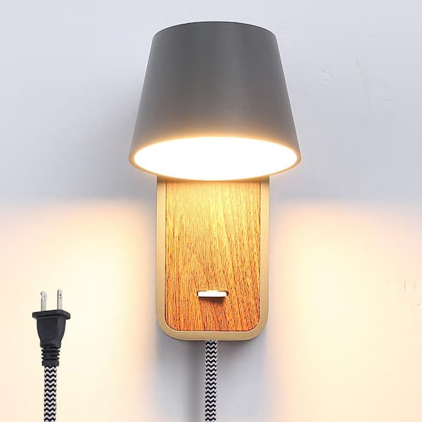 3.5 in. 1 Light Plug in E26 Wall Sconces with Grey Shade and Switch, Industrial Adjustable Head Wood Base Wall Lamp