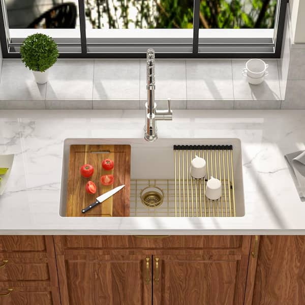 33 in.x 19 in.Undermount White Granite/Quartz Composite Single Bowl Workstation Kitchen Sink with Accessories