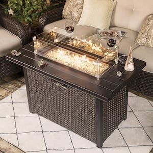 Brown 43 in. 50000 BTU Rectangular Aluminum Propane Outdoor Fire Pit Table with Glass Wind Guard Lid Fire Glass Beads