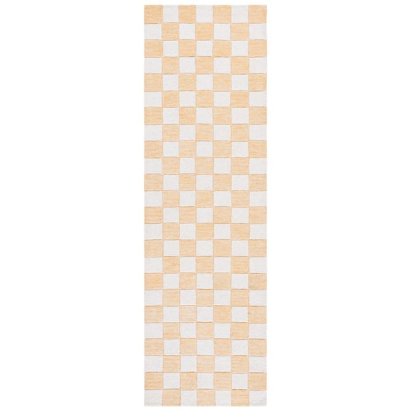 Ebony 2 ft. x 8 ft. Gold/Ivory Checkered Geometric Runner Rug