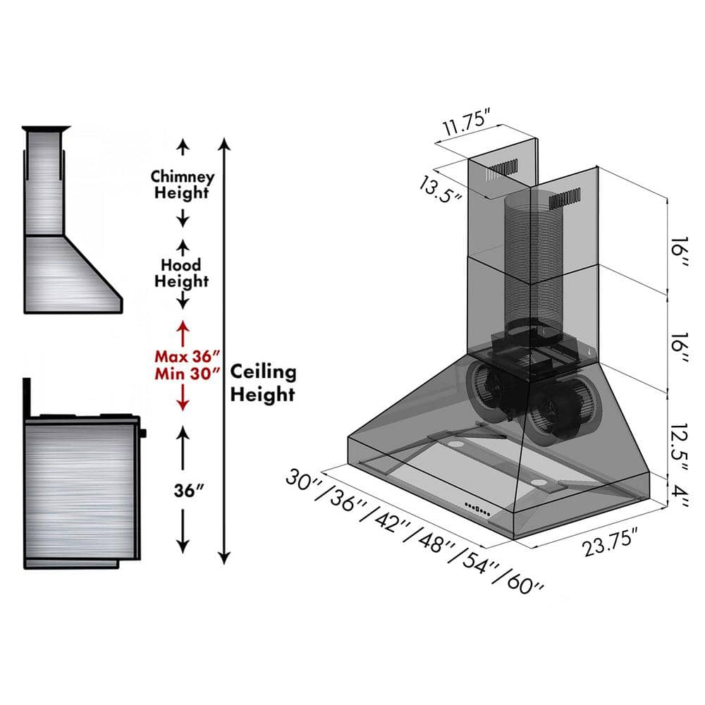 60" Stainless Steel Convertible Wall Mounted Range Hood
