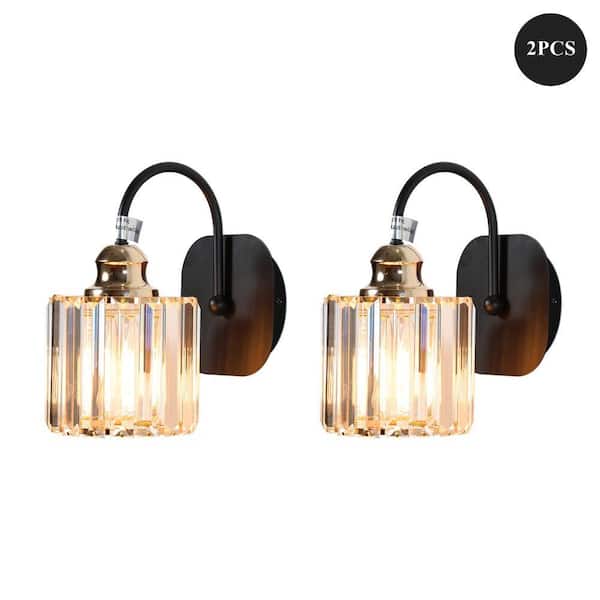 5.4 in. 2 PCS 1-Light Matte Black Bathroom Vanity Light with Crystal Shades