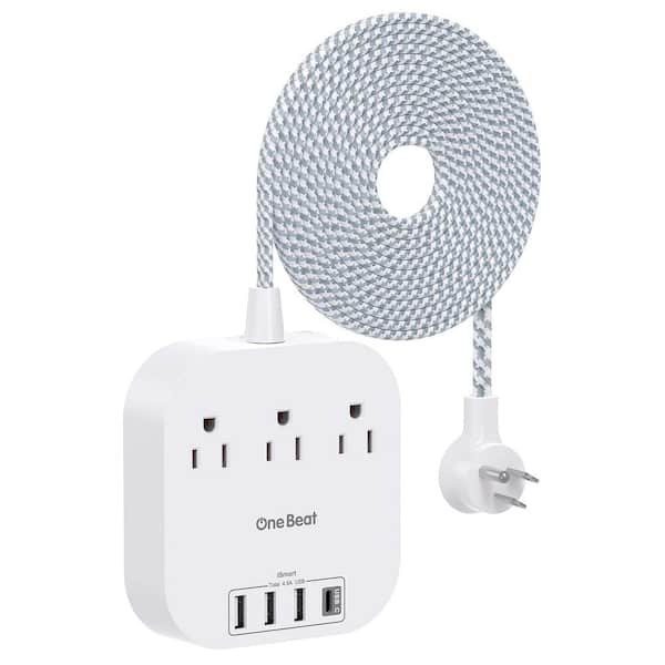 Lukyamzn 15 ft. Braided Cord Power Strip with Flat Plug, 3-Outlets 4-USB Ports (1 USB-C) Non Surge Protector for Travel in White