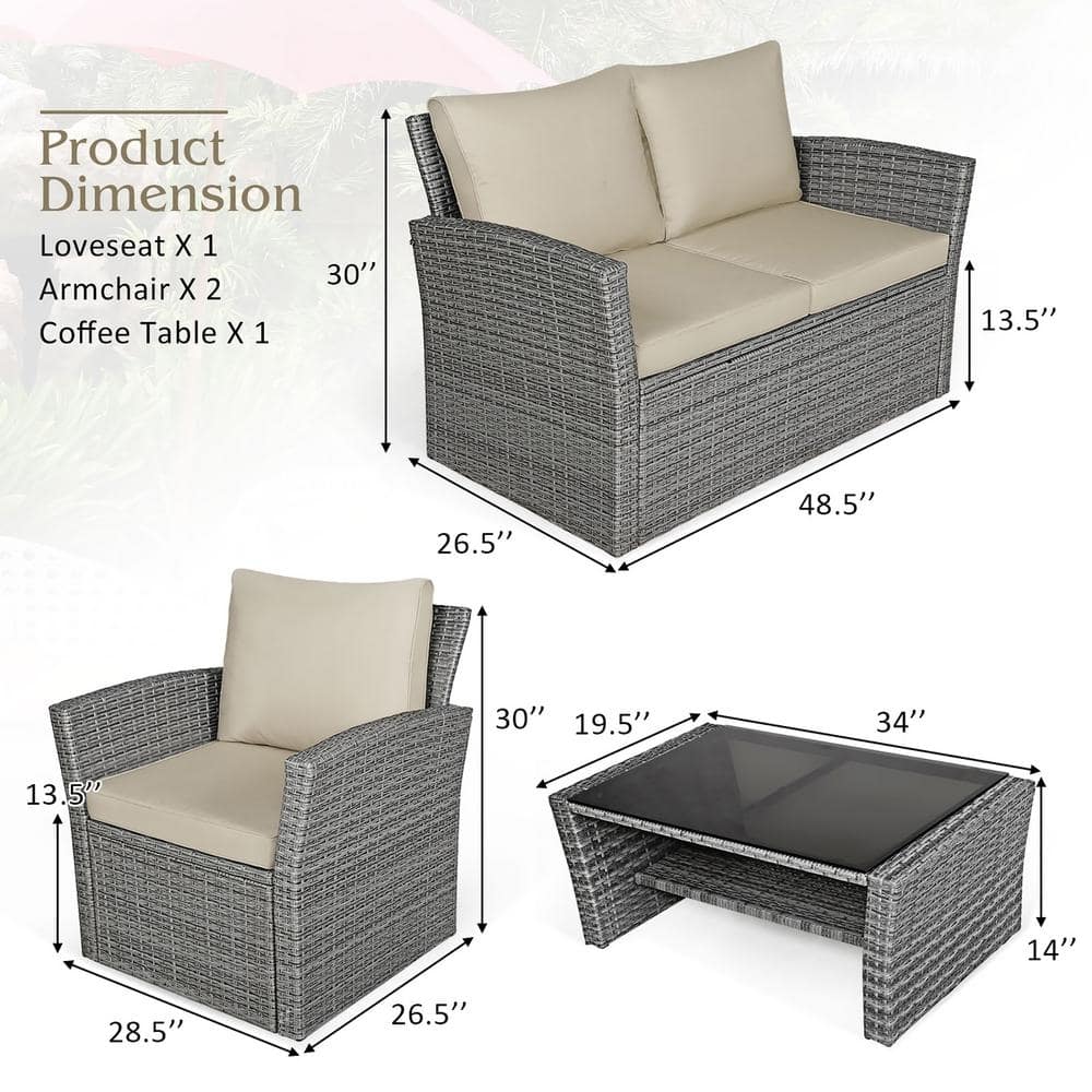 Khaki Cushioned 4-Piece Rattan Patio Conversation Set