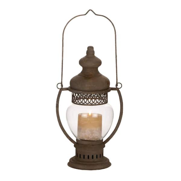 Litton Lane 14 in. H Brown Metal Decorative Candle Lantern with Handle